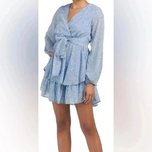 Light Blue with Yellow Floral Japna Long Sleeve Smocked Waist Mini Dress Size L - Picture 1 of 13